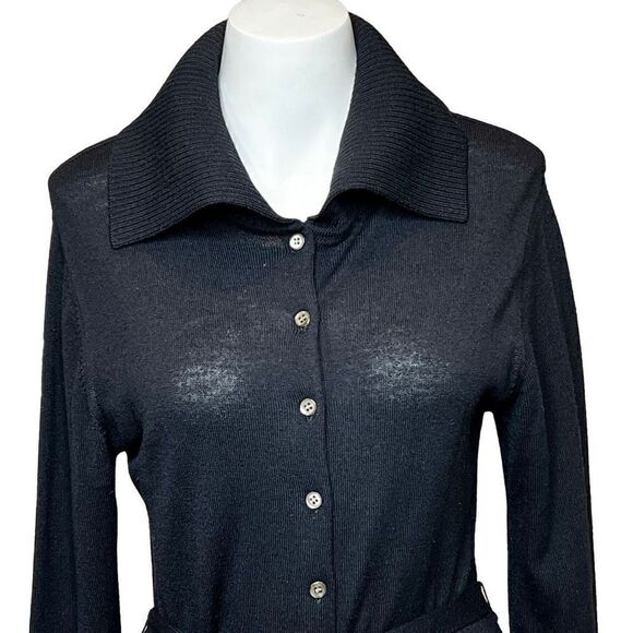 Halogen black merino wool button up cardigan with tie belt size M - Picture 2 of 14